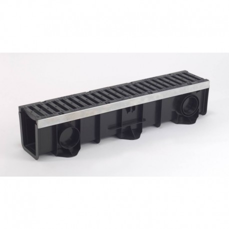 Caniveau polyéthylène haute densité + 2 grilles fonte DRAINYL PRO 150 - long. 1m x larg. 203mm x haut. 215mm - classe C250